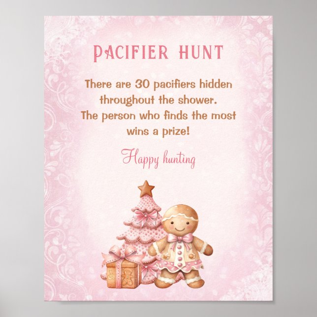 Gingerbröd Rosa Baby Shower Nappar Hunt Game Poster (Framsidan)