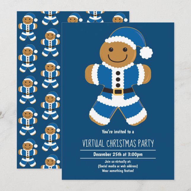 Gingerbröd Santa Blue Virtuell jul Party Inbjudningar (Fram/baksida)