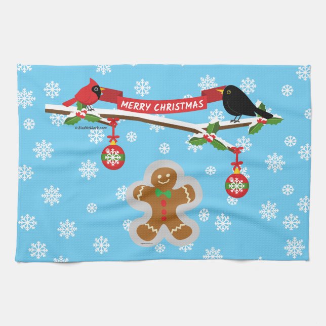 Gingerbröd, Snöflingor och fåglar Kökshandduk (Horisontell)