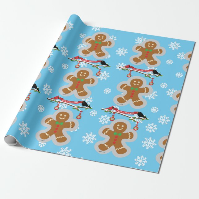 Gingerbröd, Snöflingor och fåglar Presentpapper (Utrullad)