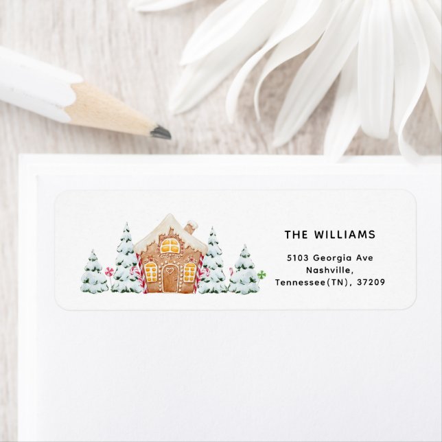 Gingerbröd Snowy träd minimalistisk jul Returadress Etikett (Insitu)