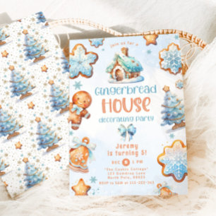 Gingerbröd som dekorerar party blå födelsedag inbjudningar