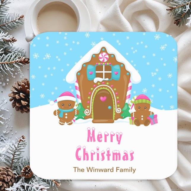 Gingerbröd som dekorerar Party Bright Blue och Ros Underlägg Papper Kvadrat (Skapare uppladdad)