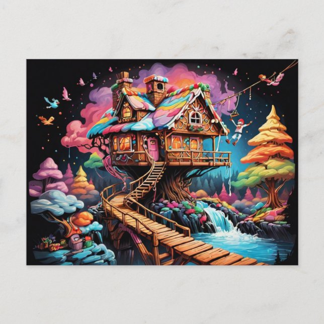 Gingerbröd träd house pschedelic christmas helg vykort (Framsida)