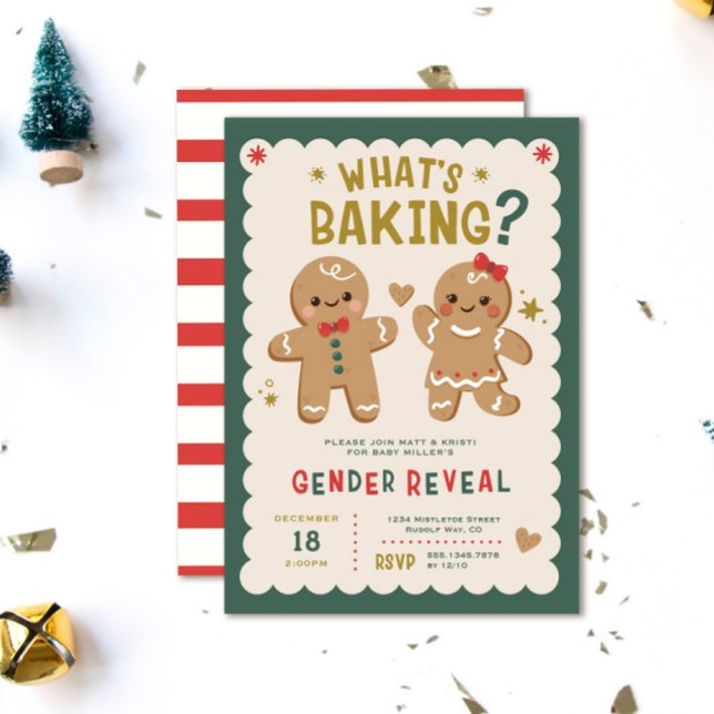 Gingerbröd Vad är det för Gender till julfesten? Inbjudningar (What's Baking? Gingerbread Gender reveal invitation, Christmas Gender reveal invite, He or She)