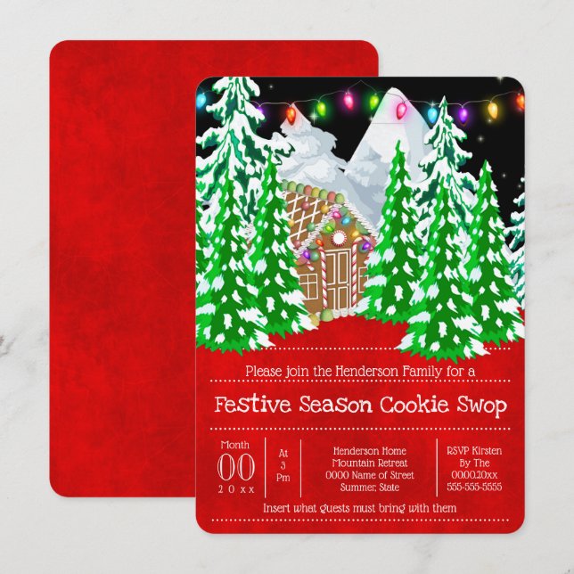 Gingerbrödhus, snö-kakelbyte inbjudningar (Fram/baksida)