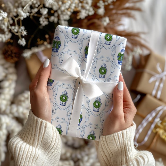 Gingerkruk Blå och Vit Chinoiserie Festive Presentpapper (Chinoiserie Ginger Jar Wrapping Paper)