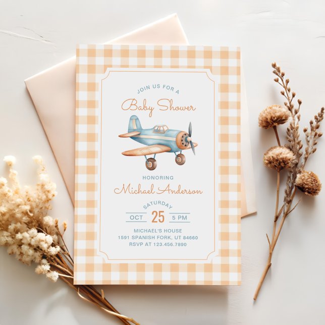 Gingham Airplan Boy Baby Shower Inbjudningar (Skapare uppladdad)