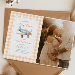 Gingham Airplan Boy Baby Shower Photo Inbjudningar