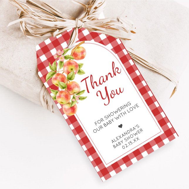 Gingham Äpple Favorit Barnkalasetiketter Presentetikett (Apple Baby Shower Favor Tags)