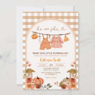 Gingham ArchPumpkin Gender Reveal Fall Höst Inbjudningar