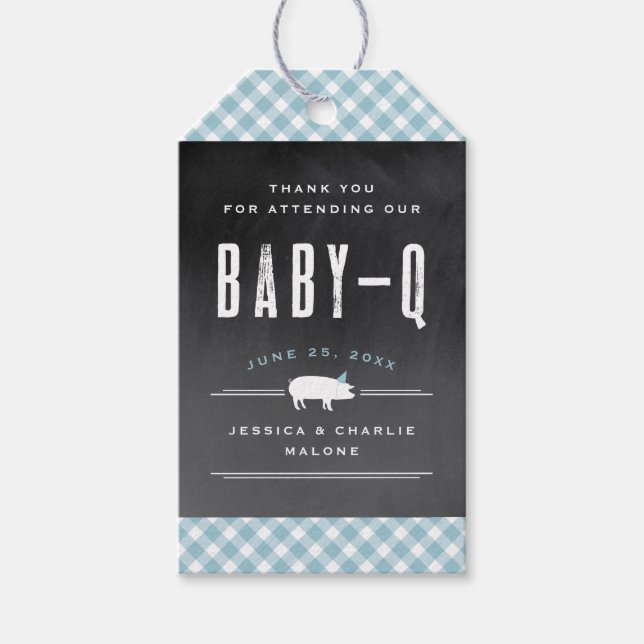 Gingham Baby BBQ Blue Baby Shower Presentetikett (Framsidan)