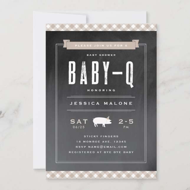 Gingham Baby BBQ Neutralt Khaki Baby Shower Inbjudningar (Framsida)
