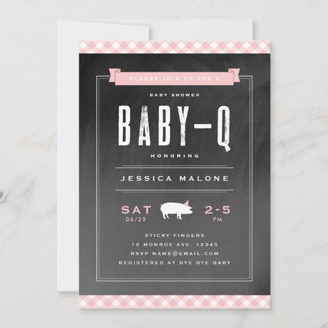 Gingham Baby BBQ Rosa Bebisdopp Inbjudningar (Framsida)