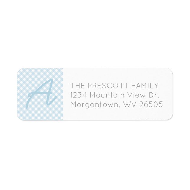 Gingham baby blue monogram-returadress returadress etikett (Framsidan)