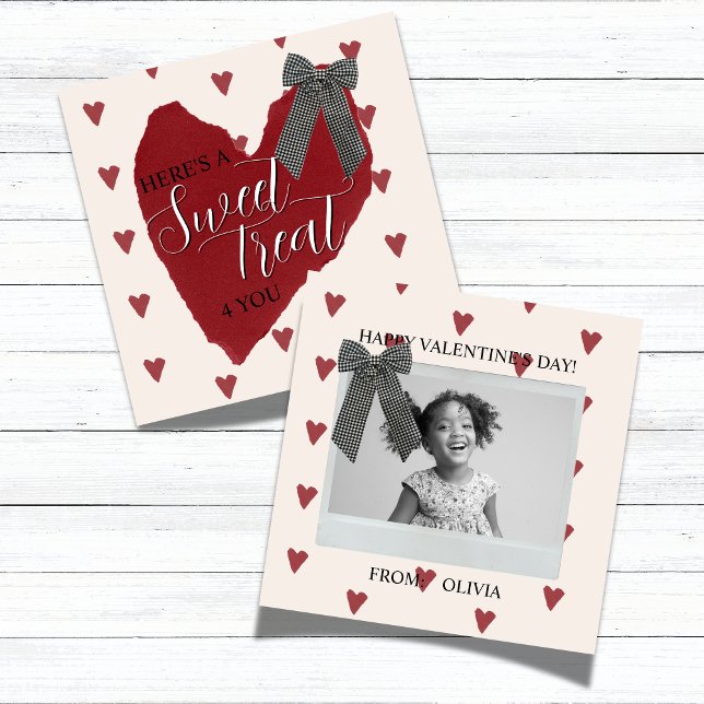 Gingham Band Röda Alla Hjärtans Dags Klassrums Fot Anteckningskort (Gingham Bow Red Valentine's Classroom Photo Card)