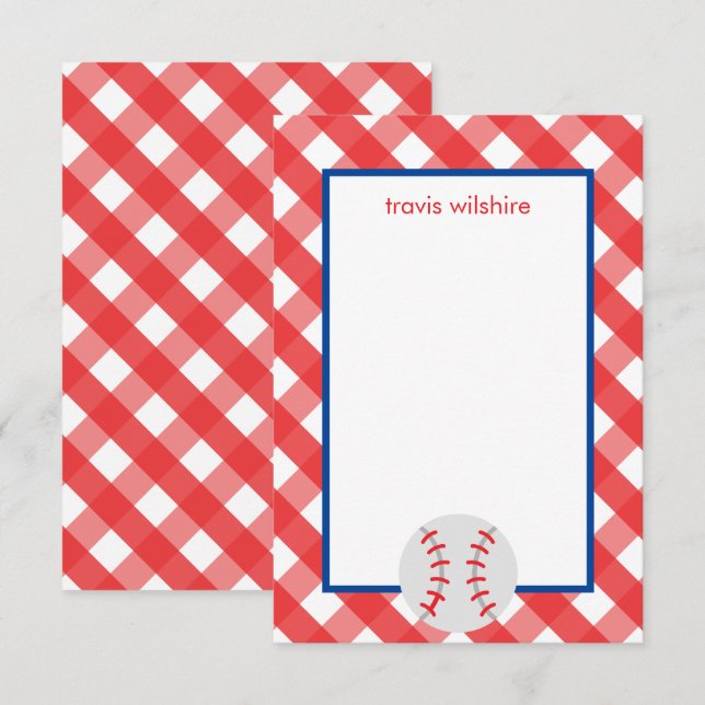 Gingham Baseball Personlig Note Cards Tack Kort (Fram/baksida)