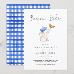 Gingham Bebe Fransk Elephant Pojke Shower Inbjudningar