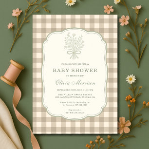 Gingham Beige Elfenbensvit Blommig Babyshower Inbjudningar