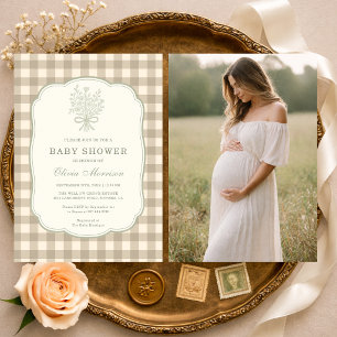 Gingham Beige Elfenbensvit Blommig Slinga Foto Bar Inbjudningar