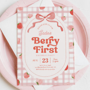 Gingham Berry Första födelsedagsinbjudan Inbjudningar