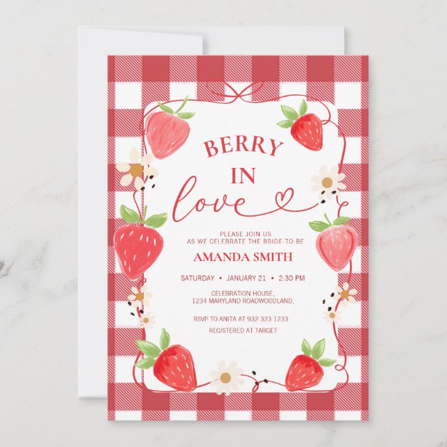 Gingham Berry In Love Röda Bow Bröllopsdusch Inbjudningar (Framsida)