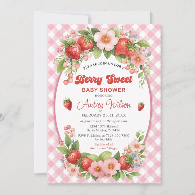 Gingham Berry Sweet Baby Shower-inbjudan Inbjudningar (Framsida)