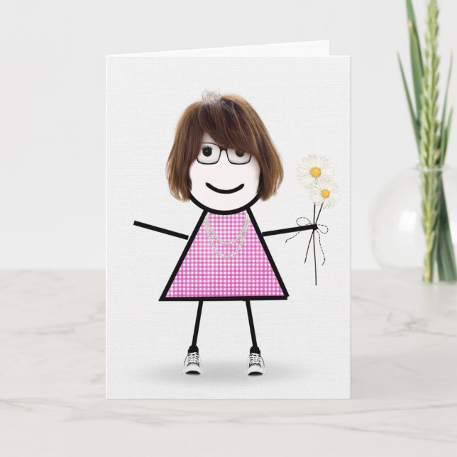 Gingham Birthday Stick Girl with Daisys Kort (Framsida)