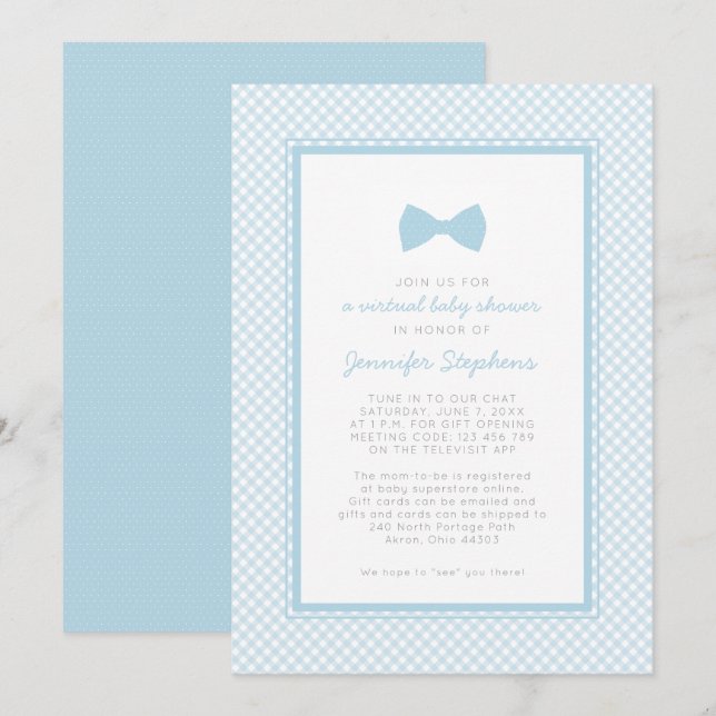 Gingham blå flugsklav virtuell babyfest inbjudningar (Fram/baksida)