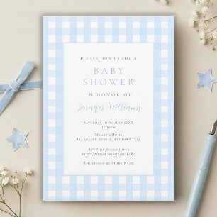Gingham Blå Pojke Baby Shower Inbjudan