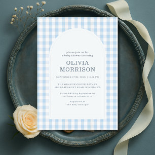 Gingham Blå Pojke Baby Shower Inbjudningar
