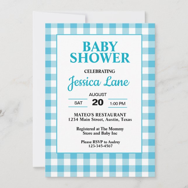 Gingham Blå Rutig Baby Shower Inbjudan (Framsida)