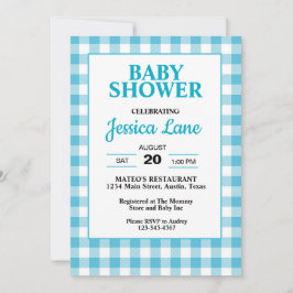 Gingham Blå Rutig Baby Shower Inbjudan