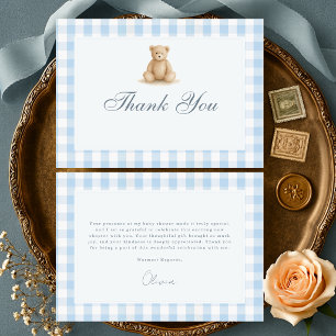 Gingham Blå Teddybjörn Pojke Babyshower Tack Kort