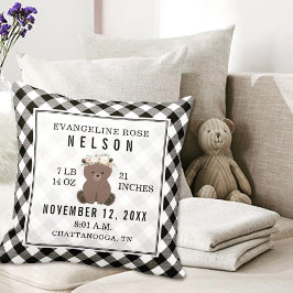 Gingham Black + White Bear Flicka Birts Stats Kudde