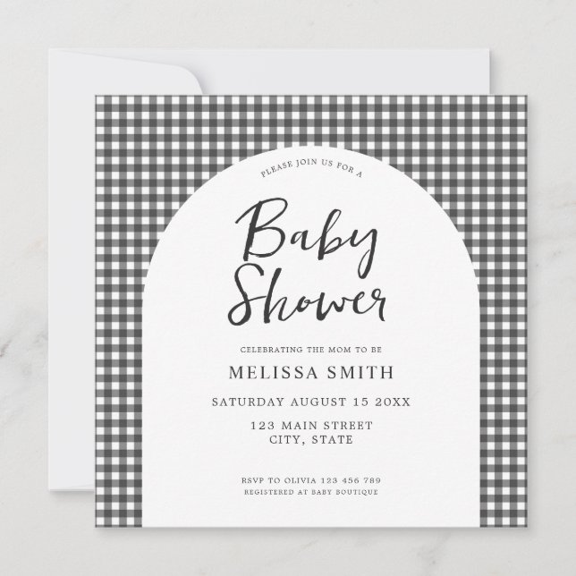 Gingham Black White Checkated Play Baby Shower Inbjudningar (Framsida)