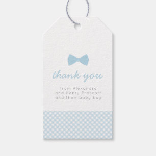 Gingham Blue bågdusch babydusch Presentetikett