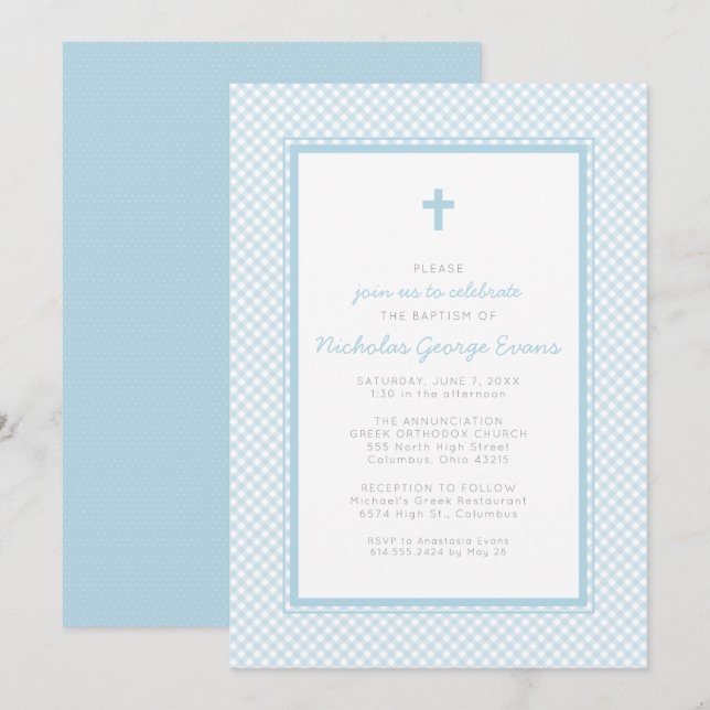Gingham Blue boybaptism Inbjudningar (Fram/baksida)