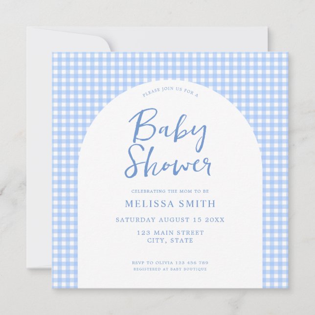 Gingham Blue Checkered Play Baby Shower Inbjudningar (Framsida)