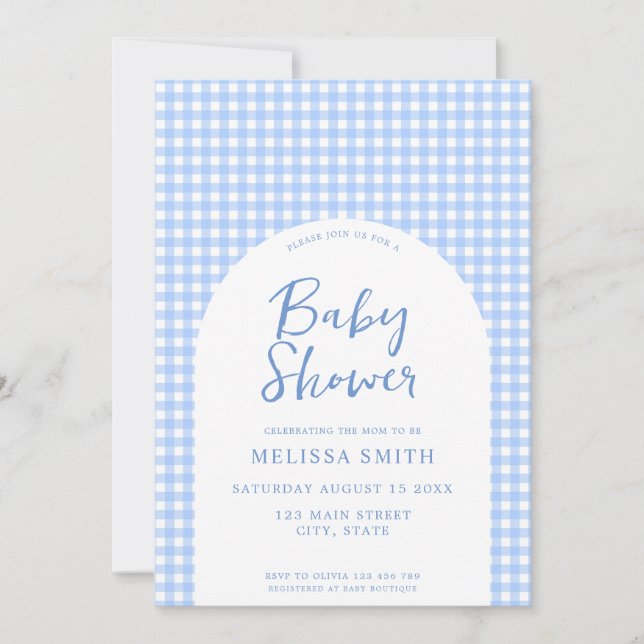 Gingham Blue Checkered Play Baby Shower Inbjudningar (Framsida)