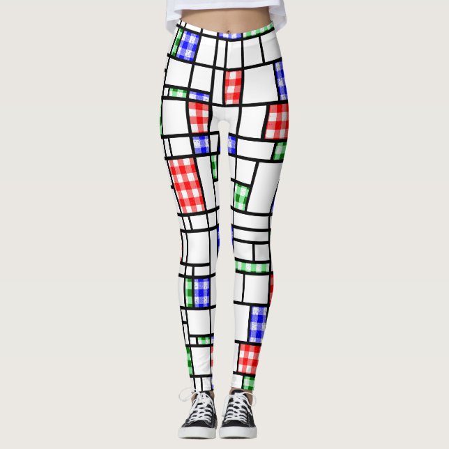 Gingham Blue Red Grönt Modern Art Grid Legging (Framsida)