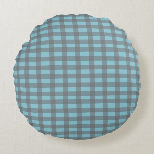 Gingham Blue  Rund Kudde (Framsidan)