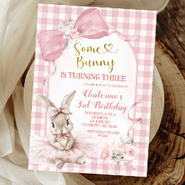 Gingham Blush Pink Floral Bow Bunny Ballerina Inbjudningar