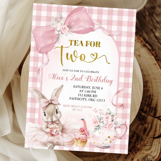 Gingham Blush Pink Floral Bow Bunny Tea Party Inbjudningar (Skapare uppladdad)