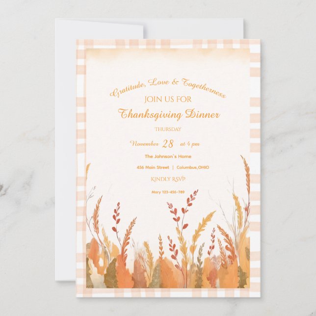 Gingham Boho Pampas Grass Rustic Thanksgiving Inbjudningar (Framsida)