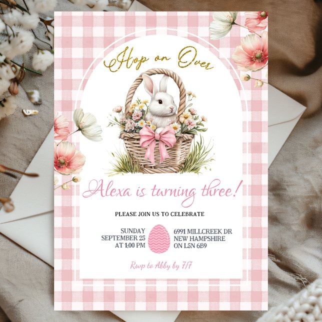 Gingham Boho Pink Bow Floral Easter Bunny Birthday Inbjudningar (Skapare uppladdad)