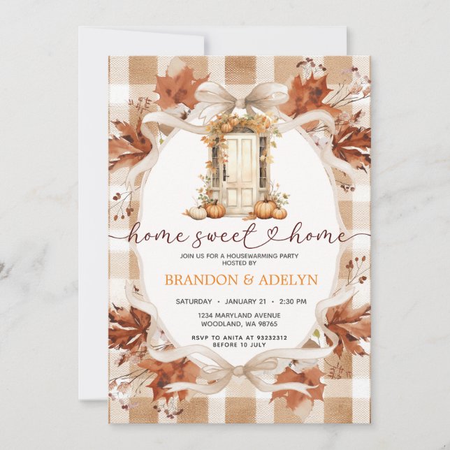 Gingham Boho Pumpa husvärmningsparty Inbjudningar (Framsida)