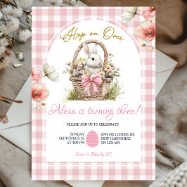 Gingham Boho Rosa Bow Floral Påskkel Hare Födelsed Inbjudningar