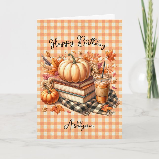 Gingham Bokar och Orange Pumpkin Spice Birthday Kort (Framsida)