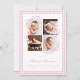 Gingham Bow 4 Frame Photo Birth Announcement Meddelande
